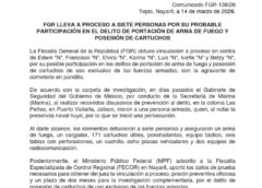 La FGR vincula a proceso a siete personas en Nayarit por posesión de 171 cartuchos de uso exclusivo del Ejército y portación de arma de fuego en pandilla.